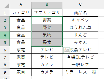 「食品」カテゴリに該当する「野菜」「果物」を選択