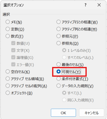 「Y」を押して「可視セル」を選択