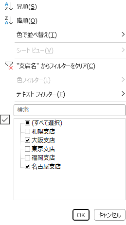 「支店名」列のフィルターで「大阪支店」と「名古屋支店」の両方にチェックを入れる