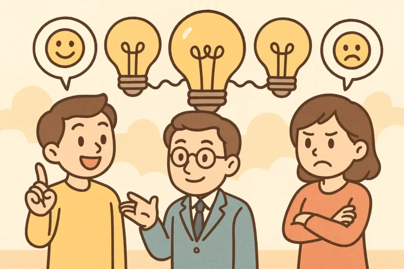 それぞれの立場からアイデアを出させ、さらに相互に評価・発展させるよう指示