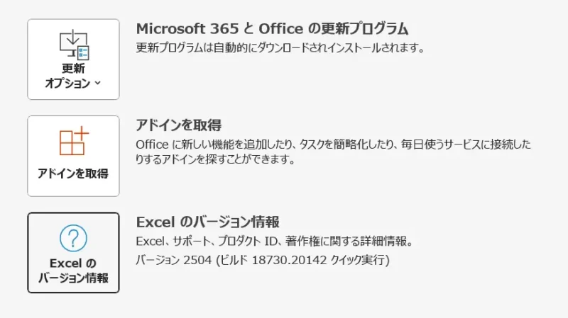 「Excelのバージョン情報」や「製品情報」といった項目に、バージョン番号が記載されている